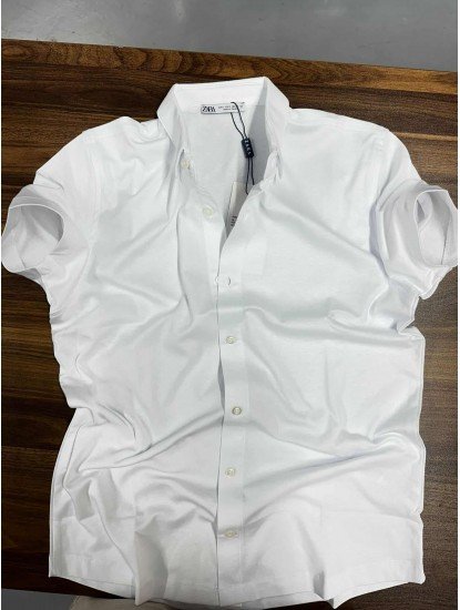 2569-Zara Kısa Kollu Beyaz Penye Slim Fit Gömlek