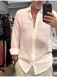 2626-BYMN Beyaz Müslin Tona Ton Comfort Fit Gömlek