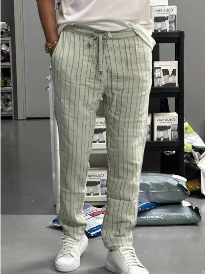 7117-BYMN Comfort Fit Yeşil Çizgili Müslin Pantolon 