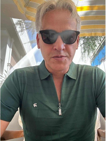 8488-Zilli Koyu Yeşil Yarım Fermuarlı Polo Yaka Kısa Kollu Slim Fit Merserize