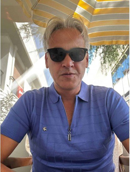 8489-Zilli Saks Mavisi Yarım Fermuarlı Polo Yaka Kısa Kollu Slim Fit Merserize