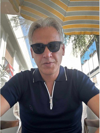 8492-Brioni Lacivert Yaka Şeritli Yarım Fermuarlı Polo Yaka Kısa Kollu Slim Fit Merserize