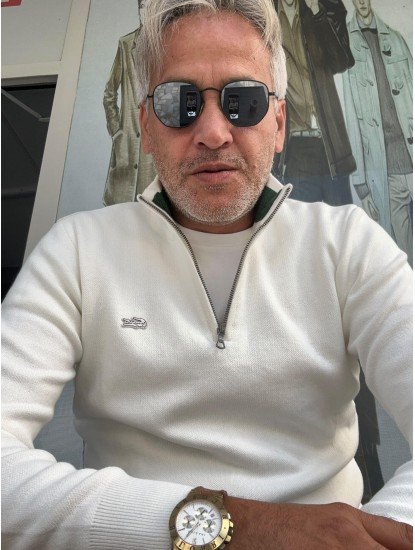 9036-Lcst Yarım Fermuarlı Ekru Triko Kazak