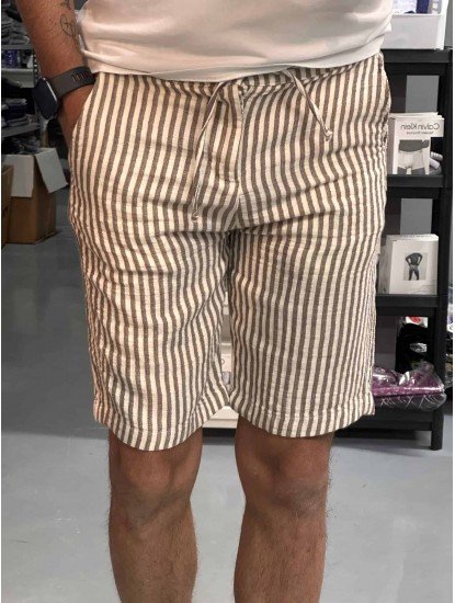 9303-NTW Kahve Ekru Çizgili Müslin Şort