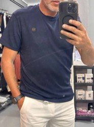 9342-Zegna Lacivert Modal Kumaş Metal Logo  Basıc Tshırt