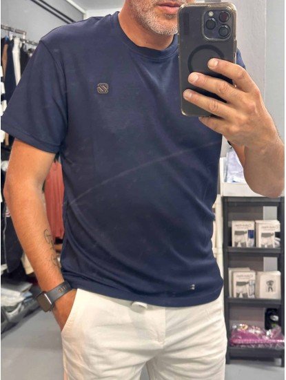 9342-Zegna Lacivert Modal Kumaş Metal Logo  Basıc Tshırt