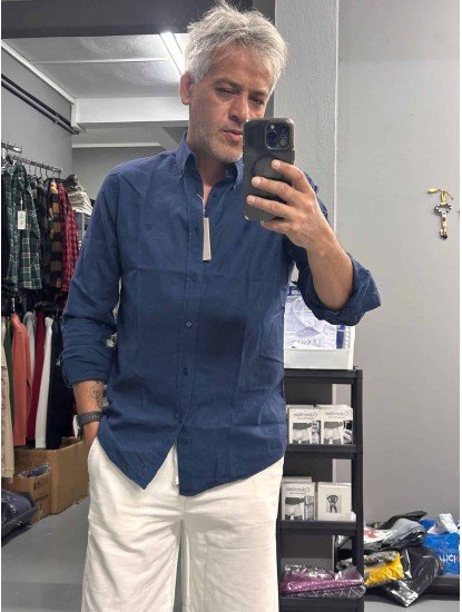 9414-VK Lacivert Keten Slim Fit Gömlek