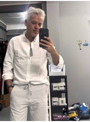 9415-VK Beyaz Keten Slim Fit Gömlek