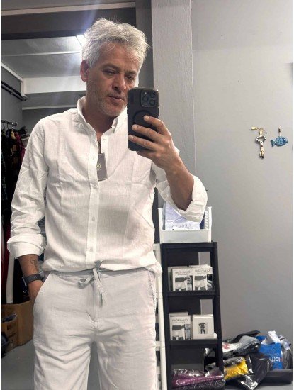 9415-VK Beyaz Keten Slim Fit Gömlek