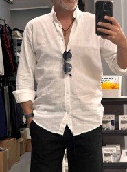 9429-Brooks Brothers Beyaz Keten Comfort Gömlek