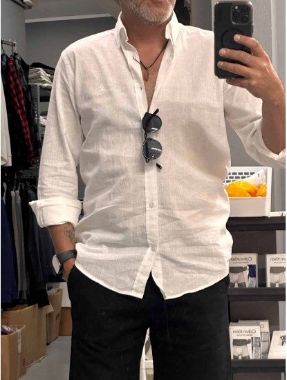 9429-Brooks Brothers Beyaz Keten Comfort Gömlek