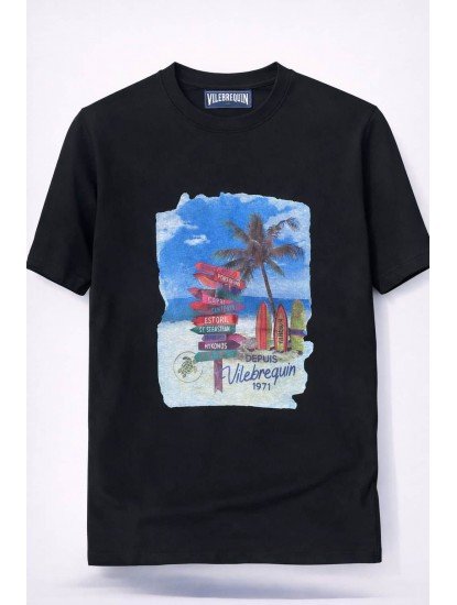 12318-VLBQN Baskılı Siyah Bisiklet Yaka Tshirt