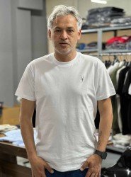 12384-ALSNT Beyaz  Bisiklet Yaka Tshirt