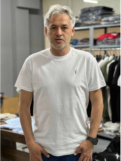 12384-ALSNT Beyaz  Bisiklet Yaka Tshirt