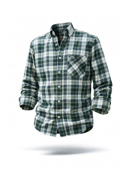 2502-LCST Slim Fit Yeşil Krem Ekoseli Cepli Oduncu Gömlek