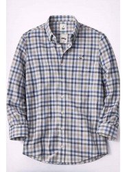 2610-BYMN Krem Üzerine Kareli Keten  Comfort Fit Gömlek