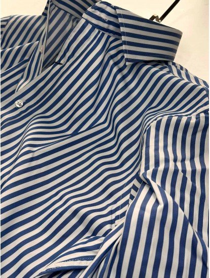 2639-Brıva Mavi  Çizgili İtalyan Yaka Slim Fit Gömlek