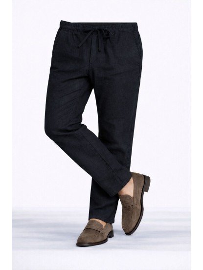 7100-NTWRK Siyah Regular Fit Keten Pantolon