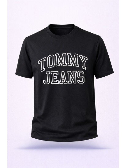 8411-TMY Siyah Önde Tommy Jeans Baskılı Bisiklet Yaka Tshırt