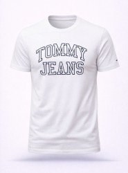 8412-TMY Beyaz  Önde Tommy Jeans Baskılı Bisiklet Yaka Tshırt