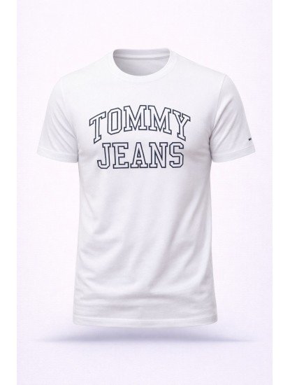 8412-TMY Beyaz  Önde Tommy Jeans Baskılı Bisiklet Yaka Tshırt