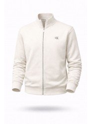 8435-CK Ekru Sol Önde CK Nakışlı Pike Kumaş Fermuarlı Dik Yaka Sweath