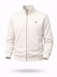 8435-CK Ekru Sol Önde CK Nakışlı Pike Kumaş Fermuarlı Dik Yaka Sweath