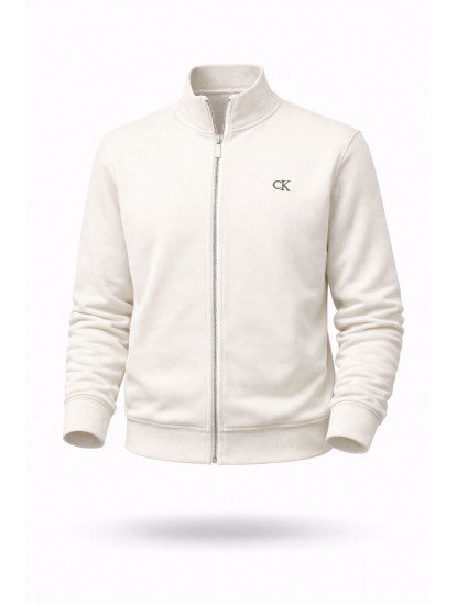 8435-CK Ekru Sol Önde CK Nakışlı Pike Kumaş Fermuarlı Dik Yaka Sweath