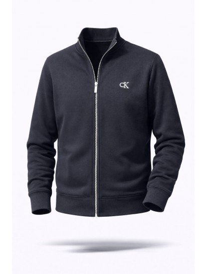 8437-CK Lacivert Sol Önde CK Nakışlı Pike Kumaş Fermuarlı Dik Yaka Sweath