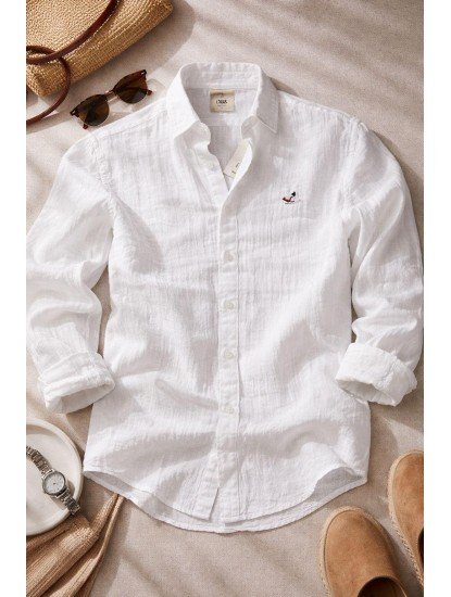 8453-BYMN Beyaz Müslin Kumaş Comfort Fit Gömlek