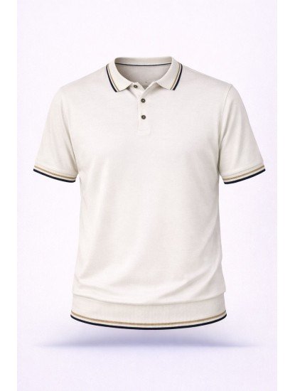 8503-Gastello Kemik Rengi Yaka Şeritli  Düğmeli Polo Yaka Kısa Kollu Slim Fit Merserize