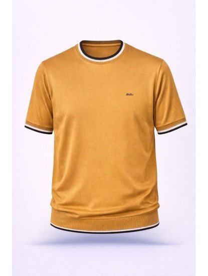 8509-Lora Pıana Hardal  Bisiklet Yaka Kısa Kollu Slim Fit Merserize