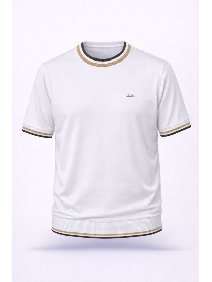 8510-Lora Pıana Beyaz  Bisiklet Yaka Kısa Kollu Slim Fit Merserize