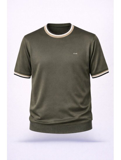 8511-Lora Pıana Haki  Bisiklet Yaka Kısa Kollu Slim Fit Merserize