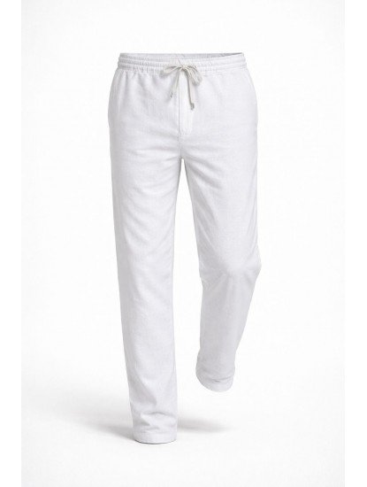 8558-BYMN Beyaz Rahat Kalıp Keten Pantolon