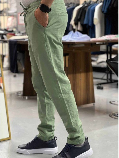 8649-NTWRK Yeşil Rengi Regular Fit Keten Pantolon
