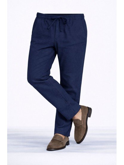 8651-NTWRK İndigo Rengi Regular Fit Keten Pantolon