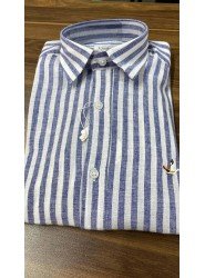 8675- BYMN Comfort Fit Lacivert Çizgili Keten Gömlek