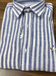 8675- BYMN Comfort Fit Lacivert Çizgili Keten Gömlek
