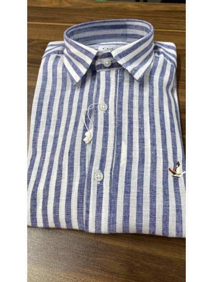 8675- BYMN Comfort Fit Lacivert Çizgili Keten Gömlek