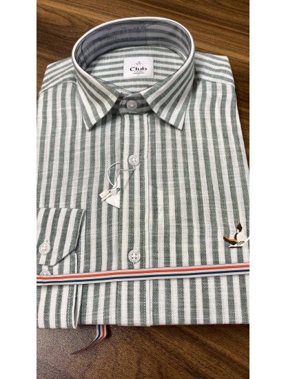 8676- BYMN Comfort Fit Yeşil Çizgili Keten Gömlek