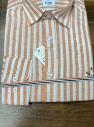 8678- BYMN Comfort Fit Turuncu Çizgili Keten Gömlek