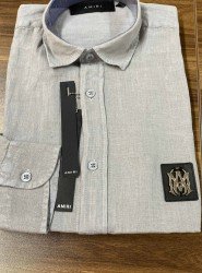 8683- Amiri Gri Keten Metal Logolu Regular  fit Gömlek