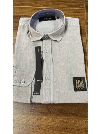 8683- Amiri Gri Keten Metal Logolu Regular  fit Gömlek