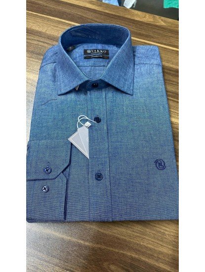 8686- VK K.Mavi Slim Fit Keten Gömlek