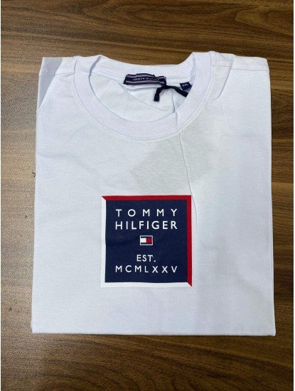 8694- TMY Beyaz Önü Baskılı Bisiklet Yaka T-shirt