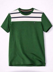 8697- TMY Yeşil-Lacivert Çizgili Bisiklet Yaka T-shirt