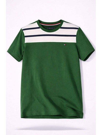 8697- TMY Yeşil-Lacivert Çizgili Bisiklet Yaka T-shirt