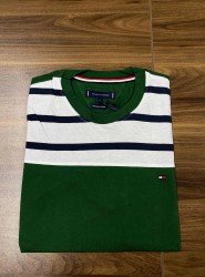 8697- TMY Yeşil-Lacivert Çizgili Bisiklet Yaka T-shirt