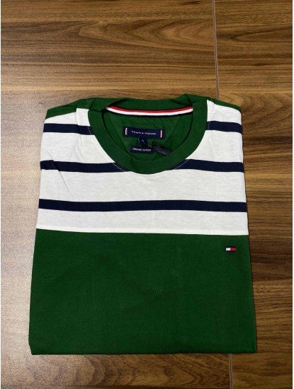 8697- TMY Yeşil-Lacivert Çizgili Bisiklet Yaka T-shirt